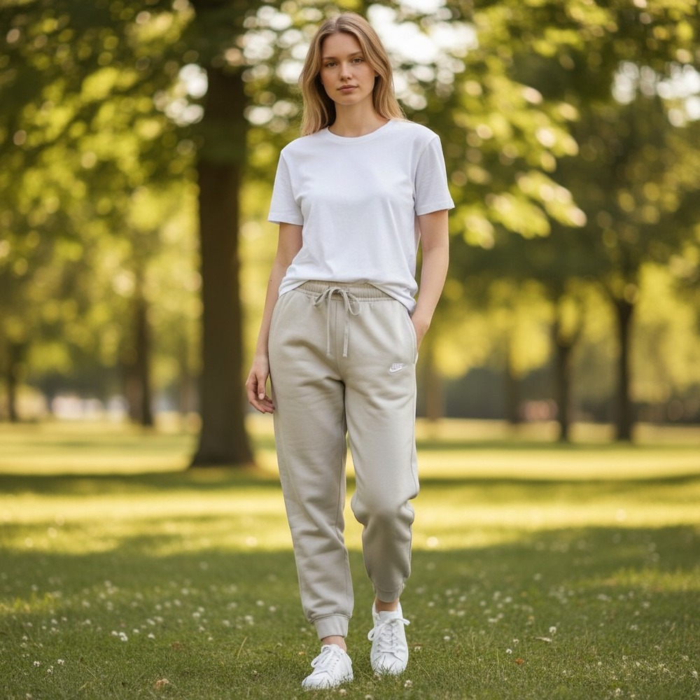 Nike Fleece Jogger Sweatpants Women Size S Beige Good Embroidered Logo Tapered